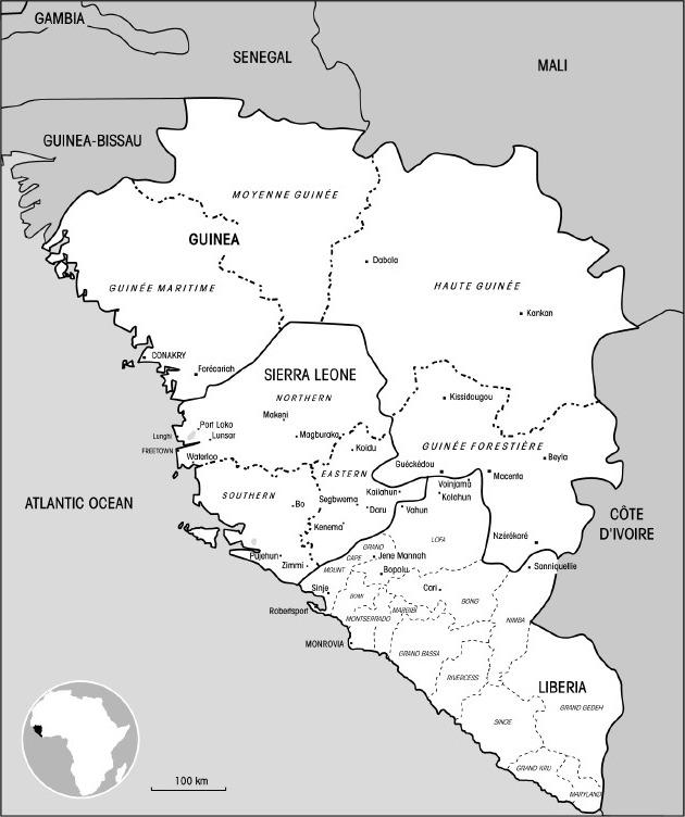 Map of Sierra Leone, Liberia and Guinea